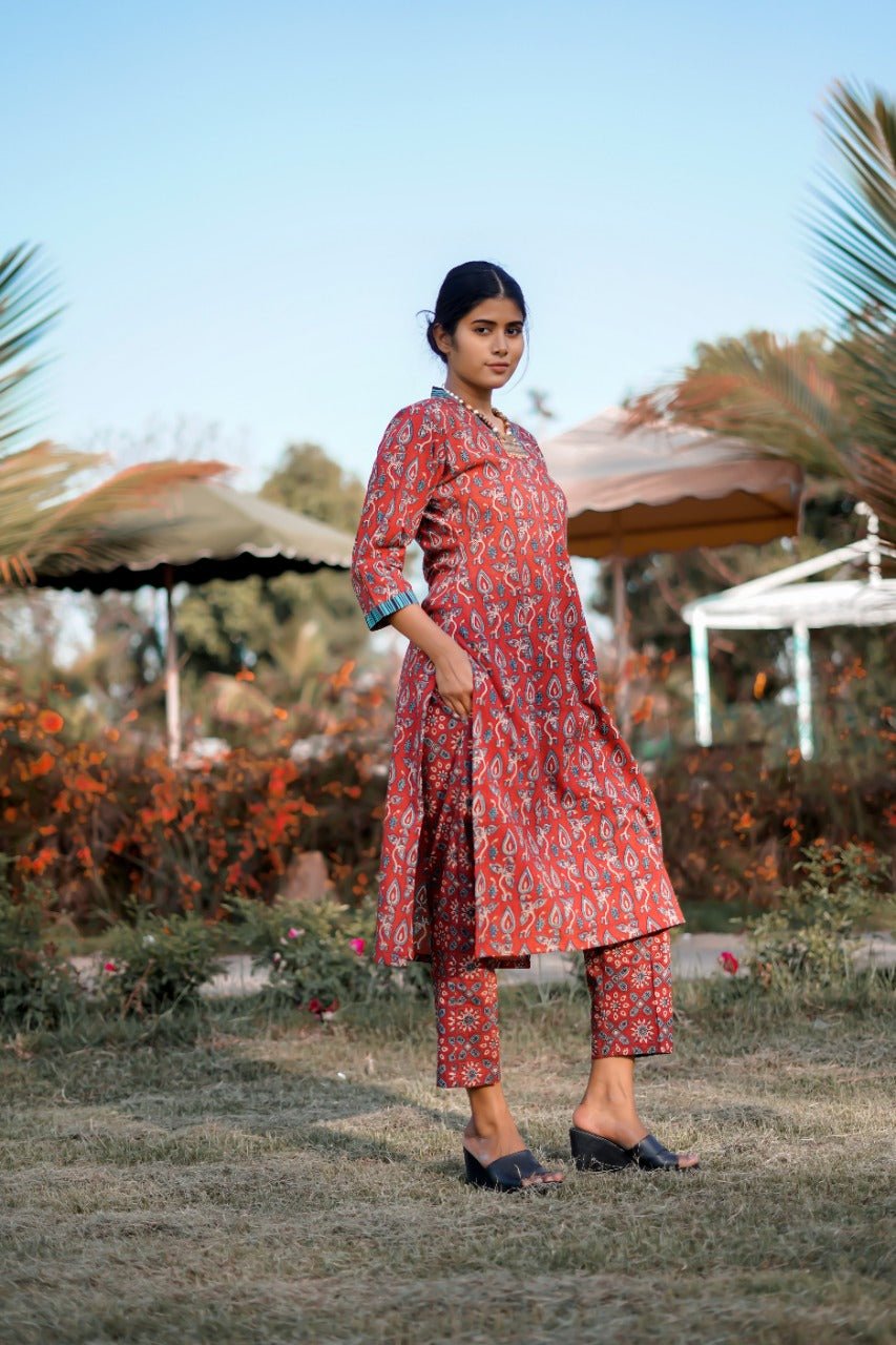 Ajrakh Hand Block-Printed Flower Patterned Red Cigarette PantThe VasilikiAjrakhnikepant