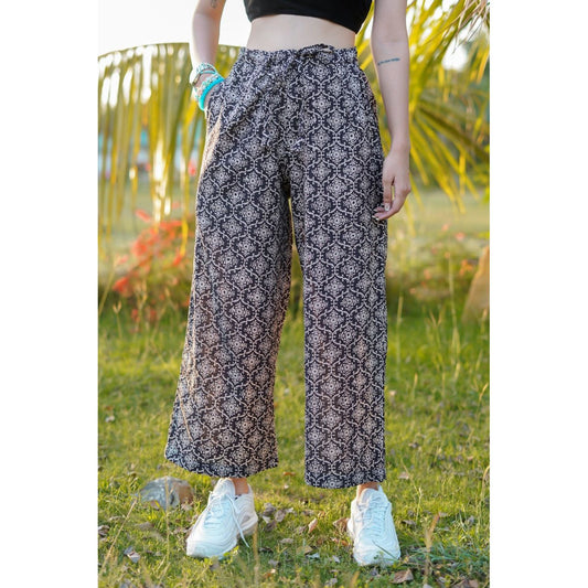 BLACK COTTON PARALLEL PANTS WITH BAGRU HAND-BLOCK PRINT