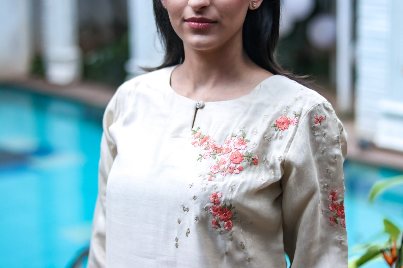 Light Grey Embroidered Silk Suit Set The Vasiliki