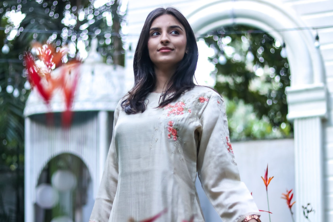 Light Grey Embroidered Silk Suit Set The Vasiliki