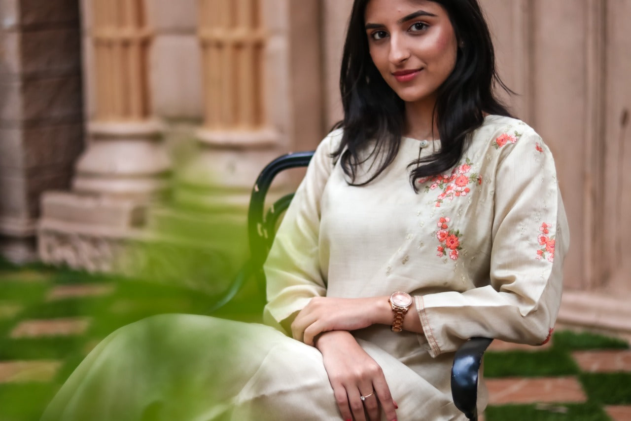 Light Grey Embroidered Silk Suit Set The Vasiliki