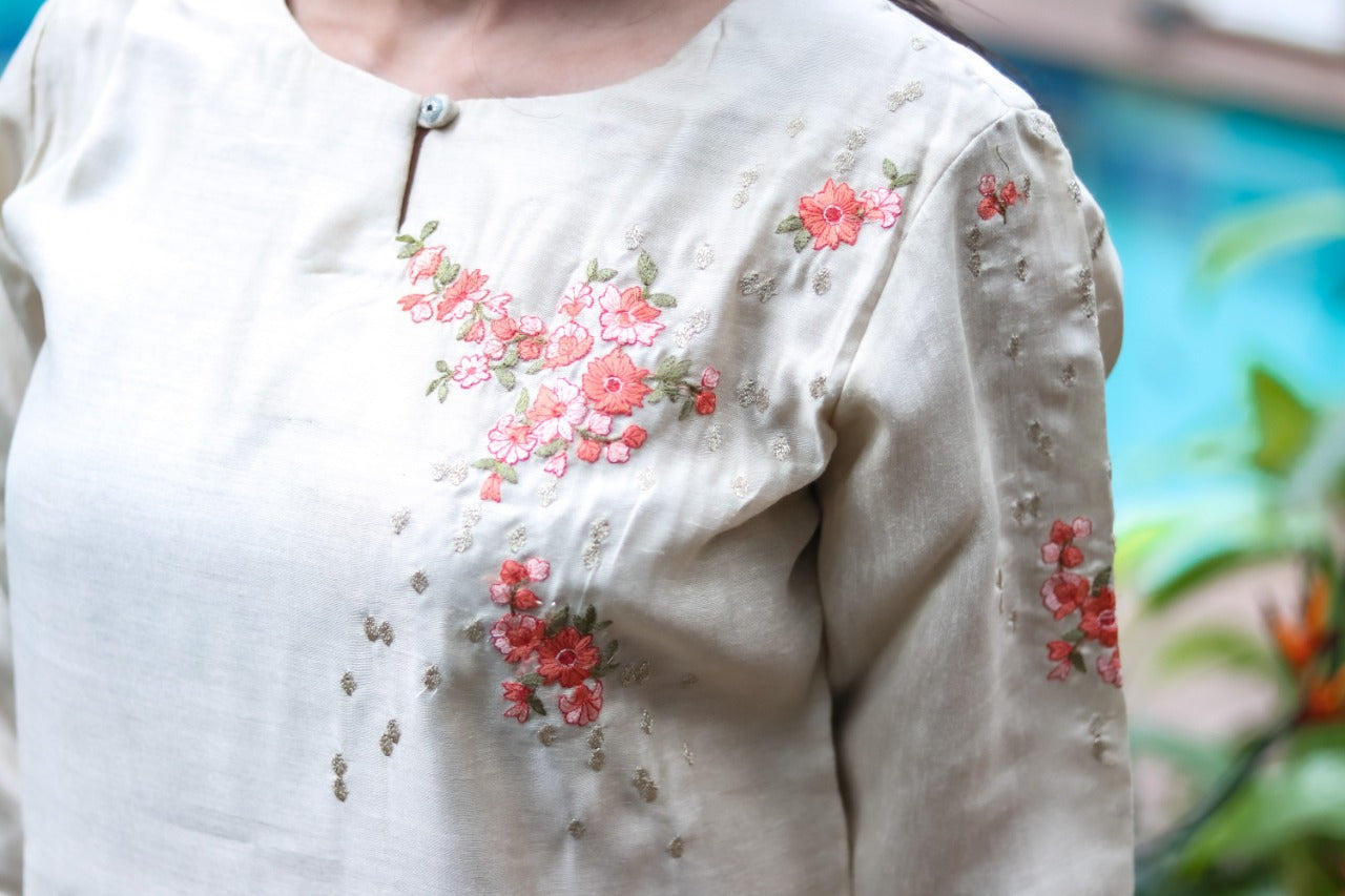 Light Grey Embroidered Silk Suit Set The Vasiliki