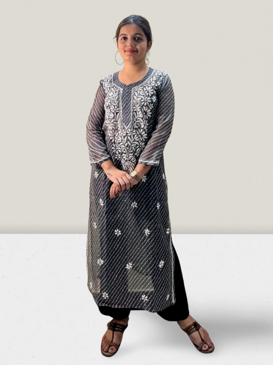 Black Lahariya Kota Cotton Chikankari Kurti