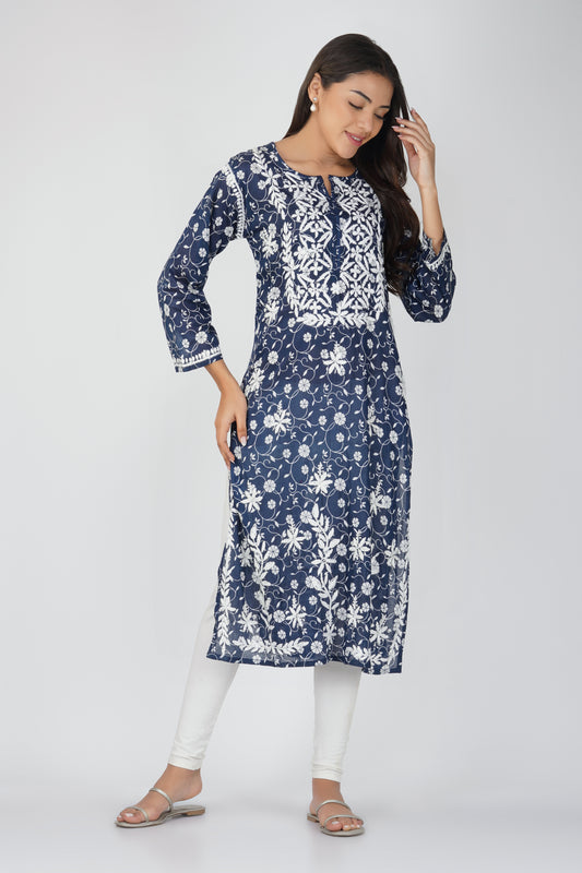 Navy Blue Malmal Cotton Chikankari Kurti