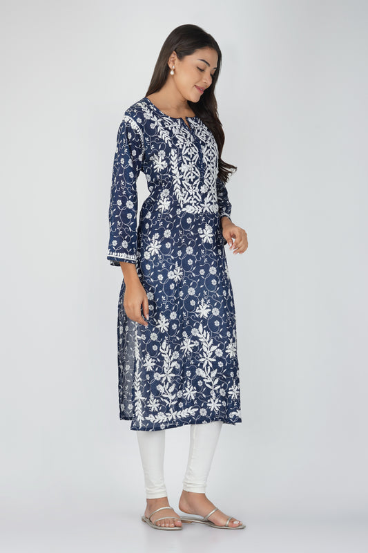 Navy Blue Malmal Cotton Chikankari Kurti