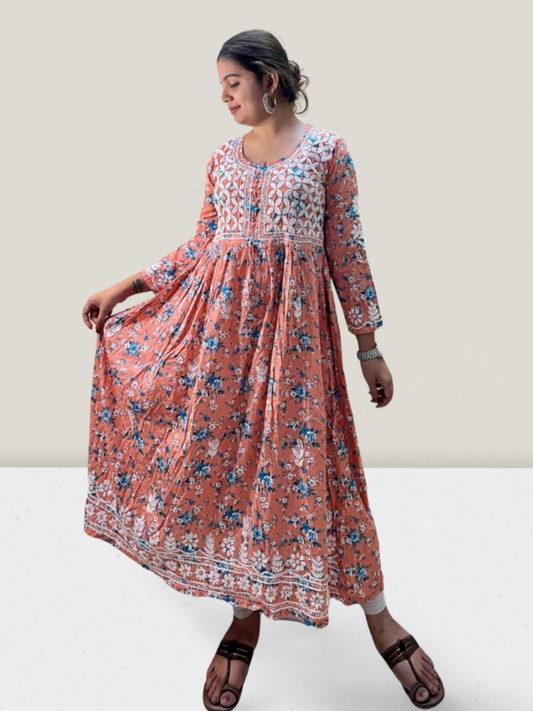 Peach Mulmul Cotton Long Gown