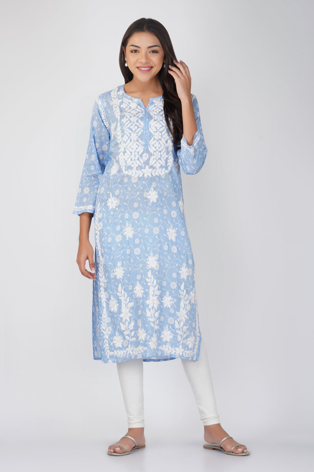 Powder Blue Malmal Cotton Chikankari Kurti