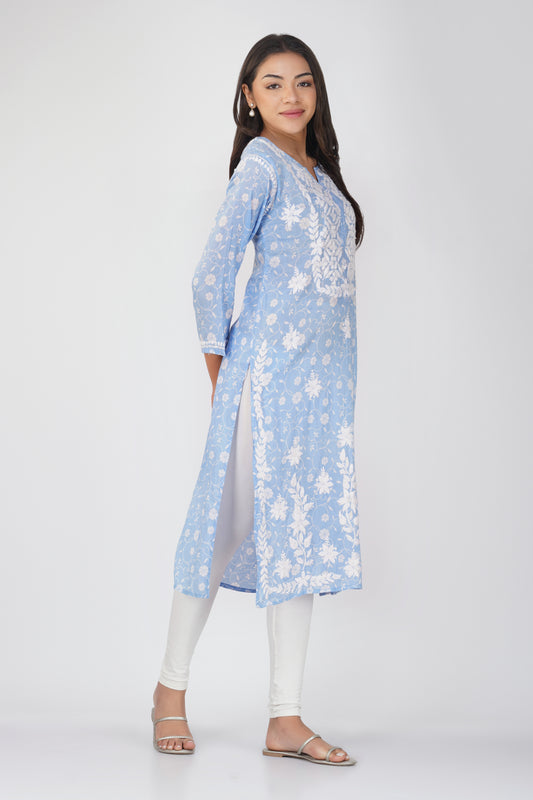 Powder Blue Malmal Cotton Chikankari Kurti