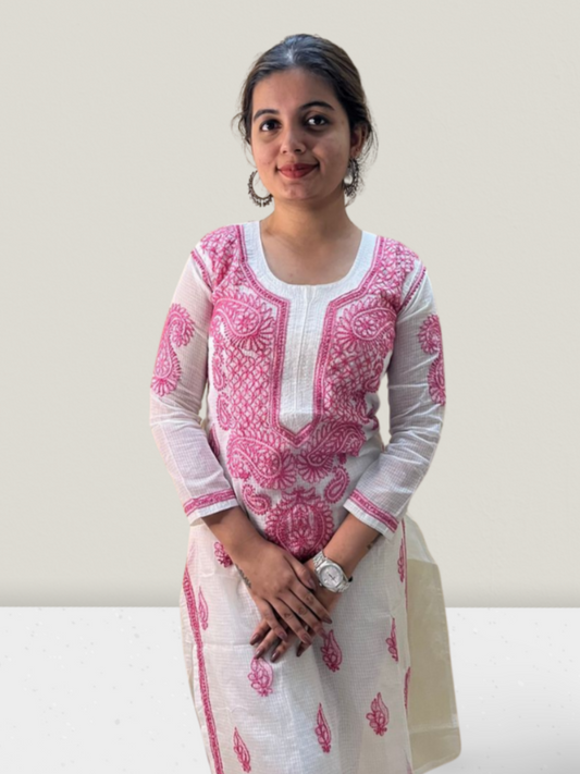 Pink Flower Kota Cotton Chikankari Kurti