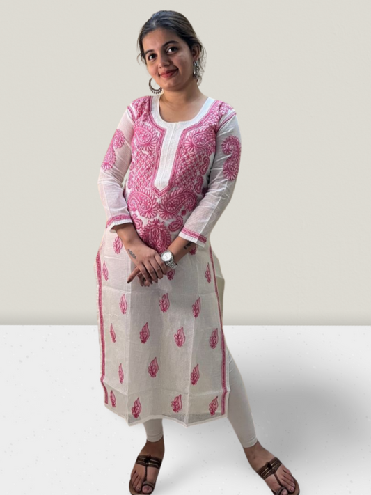 Pink Flower Kota Cotton Chikankari Kurti