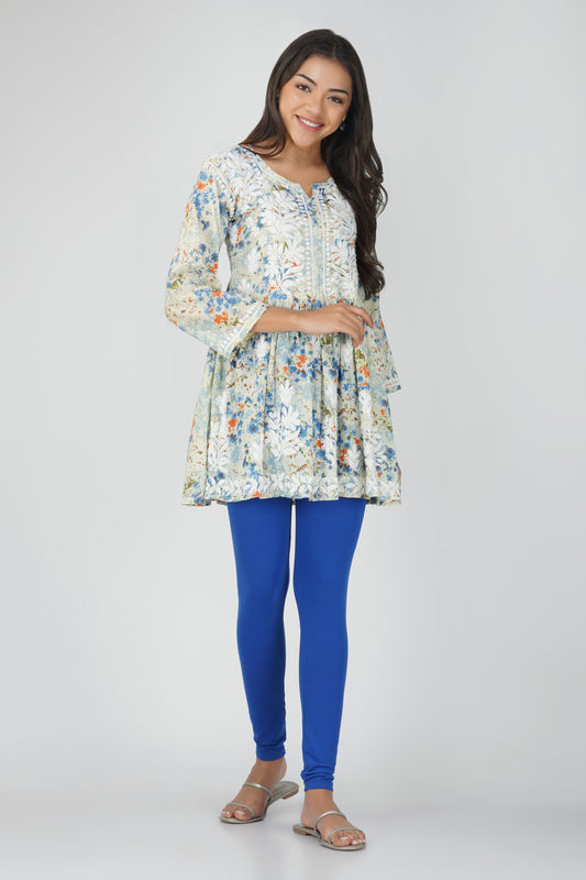 Blue Short Malmal Cotton Chikankari Gown