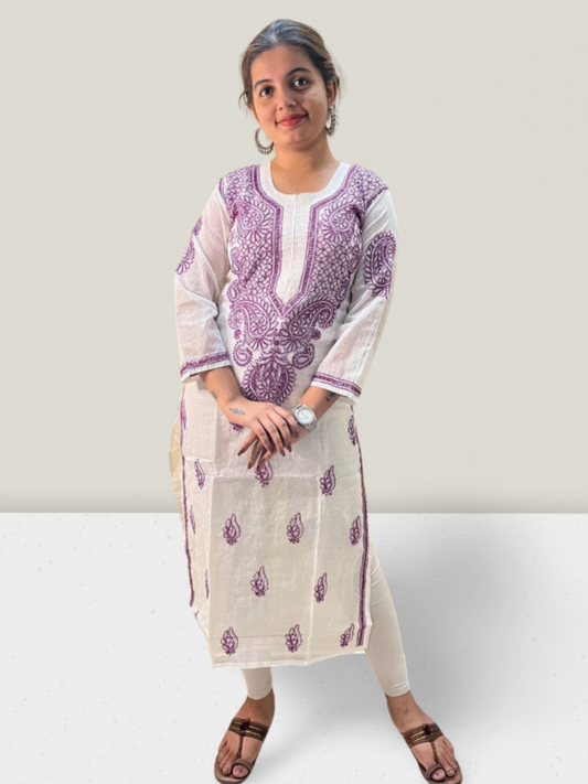 Purple Flower Kota Cotton Chikankari Kurti