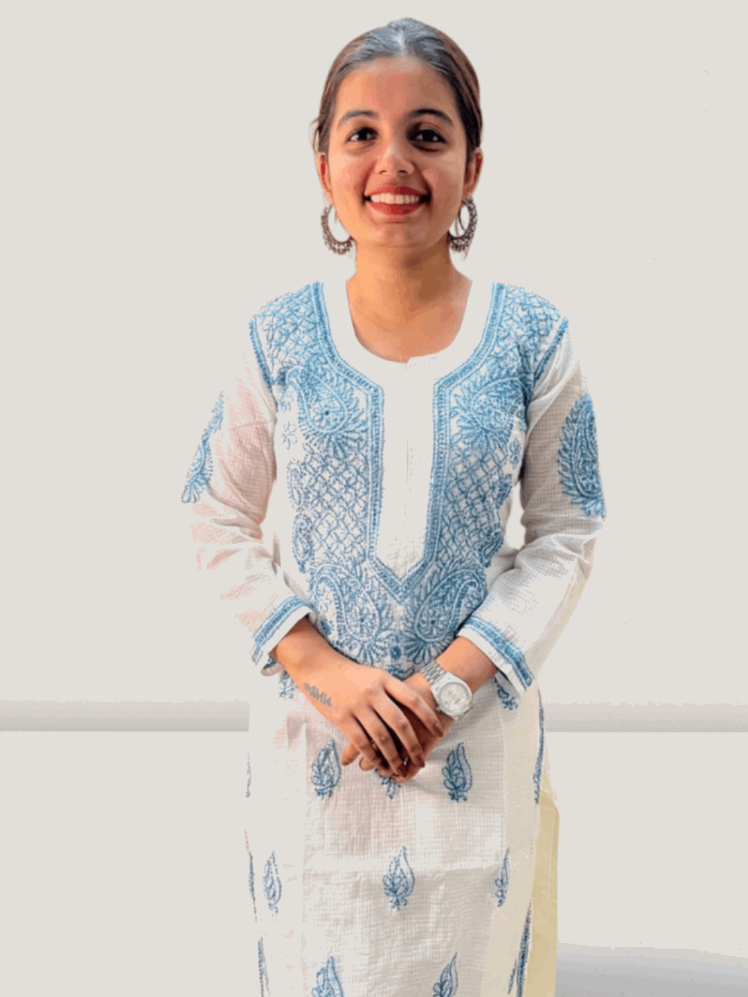 Blue Flower Kota Cotton Chikankari Kurti