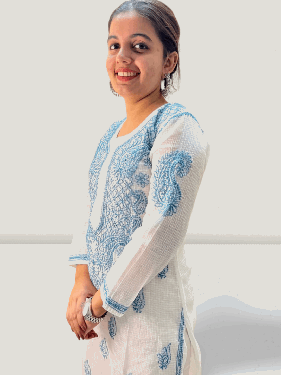 Blue Flower Kota Cotton Chikankari Kurti