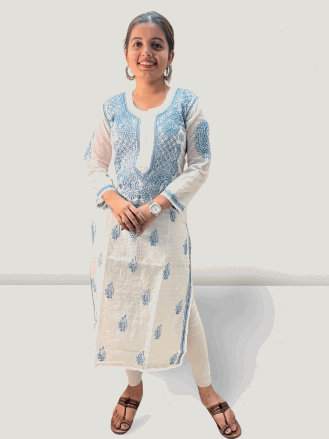 Blue Flower Kota Cotton Chikankari Kurti