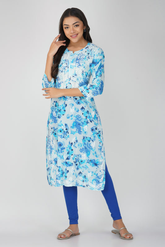 Flowery Blue Cotton Kurti with White Chikankari Embroidery