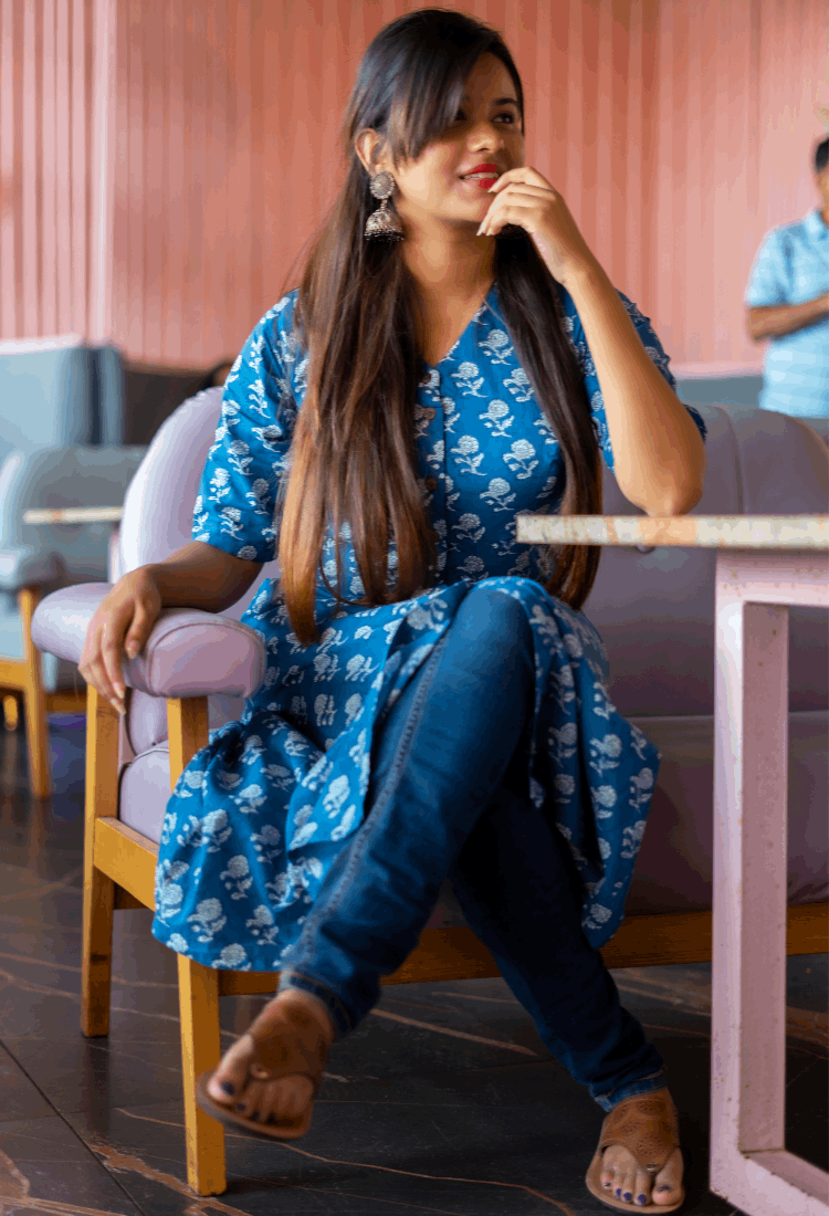 Cobalt Blue Sanganeri Hand Print Wrap Dress