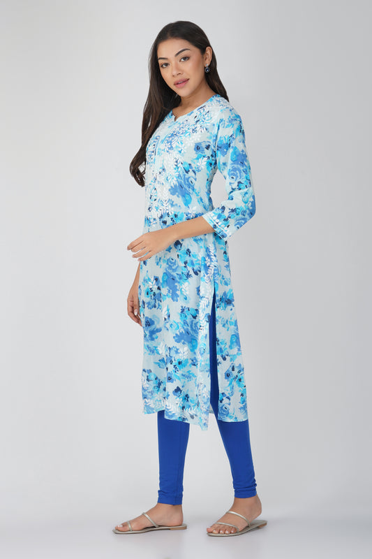 Flowery Blue Cotton Kurti with White Chikankari Embroidery