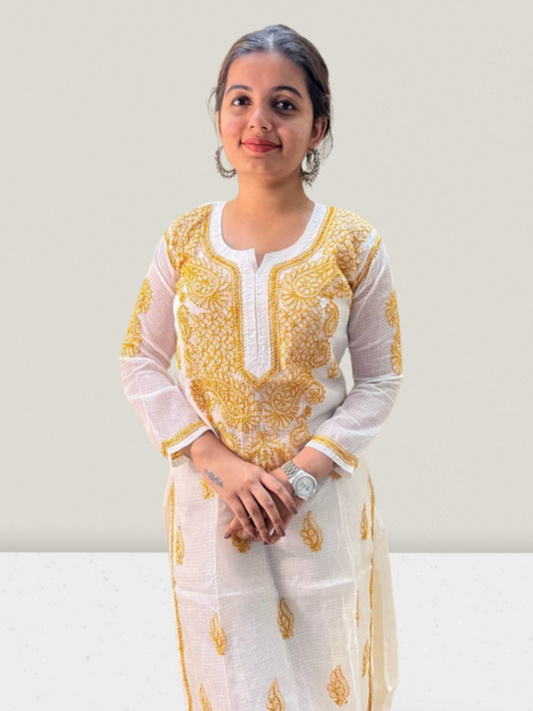 Yellow Flower Kota Cotton Chikankari Kurti