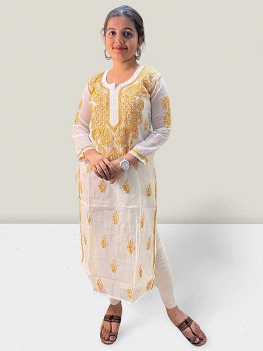 Yellow Flower Kota Cotton Chikankari Kurti