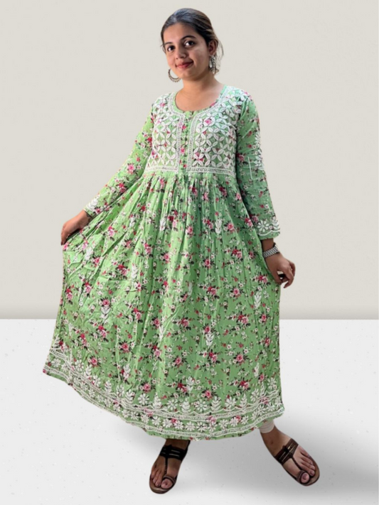 Green Mulmul Cotton Long Gown