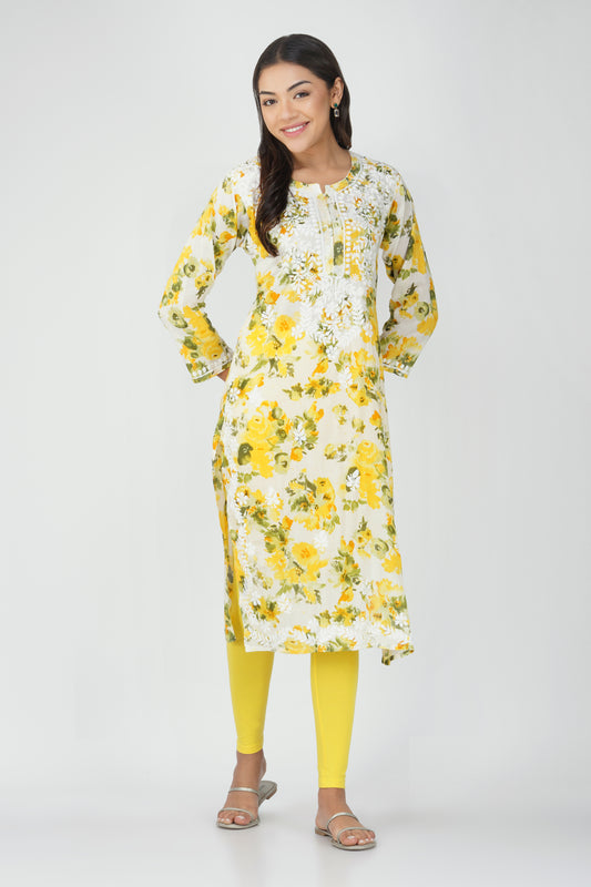 Flowery Yellow Cotton Kurti with White Chikankari Embroidery