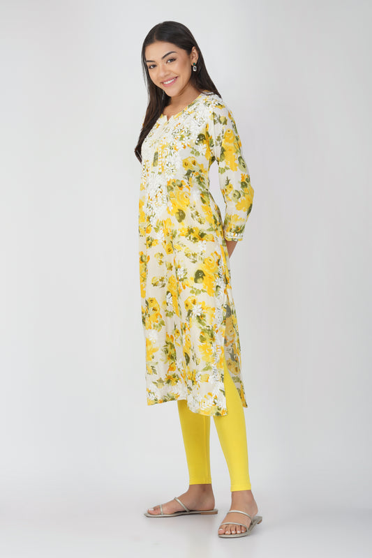 Flowery Yellow Cotton Kurti with White Chikankari Embroidery