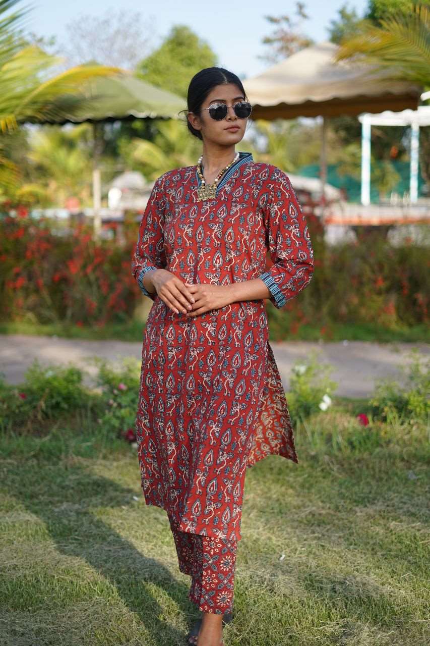 cotton Ajrakh Hand Block Print Handloom Red-Kurti