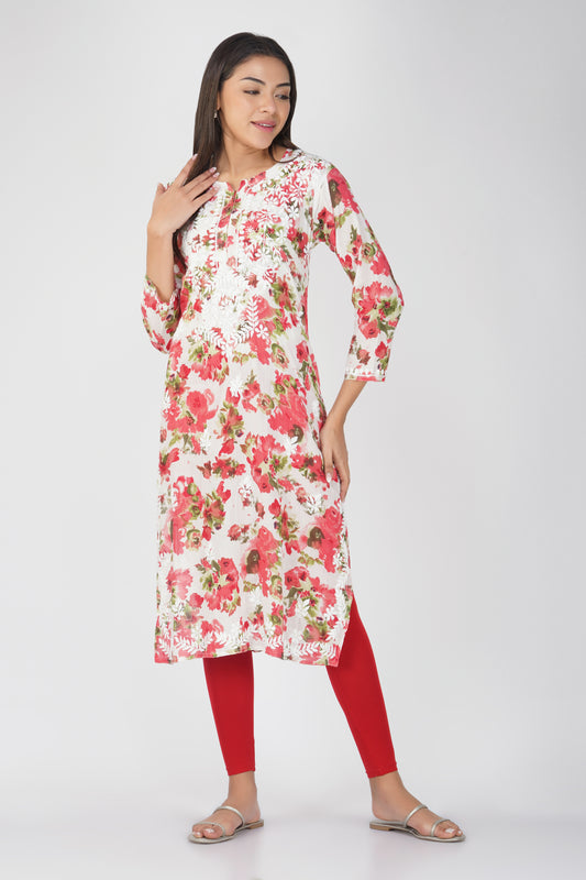 Flowery Red Cotton Kurti with White Chikankari Embroidery