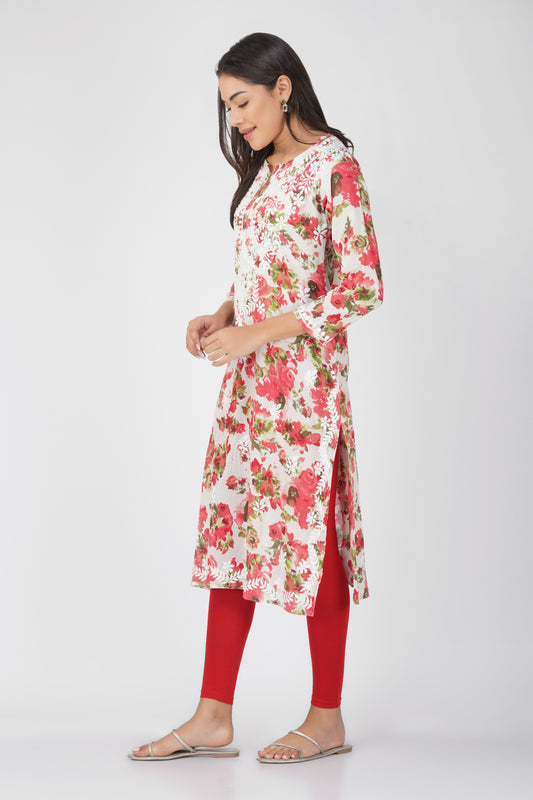 Flowery Red Cotton Kurti with White Chikankari Embroidery