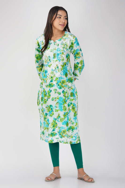 Flowery Green Cotton Kurti with White Chikankari Embroidery