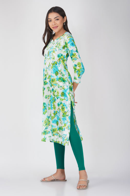 Flowery Green Cotton Kurti with White Chikankari Embroidery