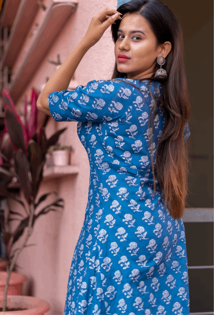 Cobalt Blue Sanganeri Hand Print Wrap Dress