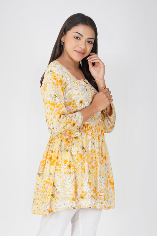 Yellow Short Malmal Cotton Chikankari Gown