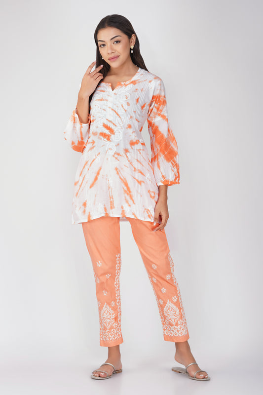 Peach Tie - Dye Cotton Embroidered Co-ord Set