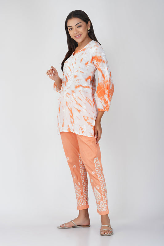 Peach Tie - Dye Cotton Embroidered Co-ord Set