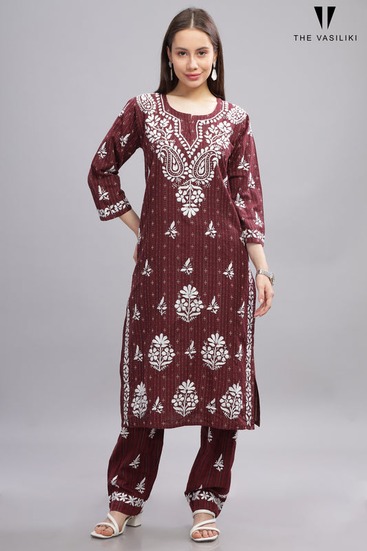 Red Cotton Kurti Set with White Chikankari Embroidery