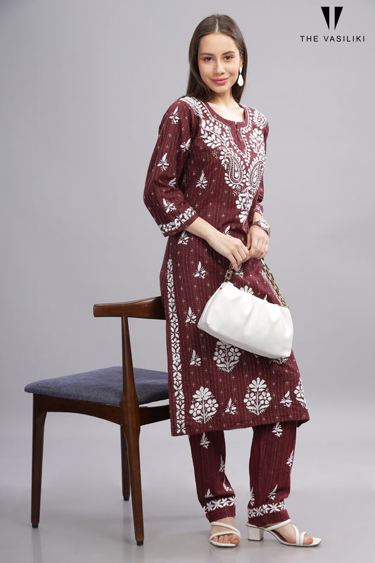 Red Cotton Kurti Set with White Chikankari Embroidery