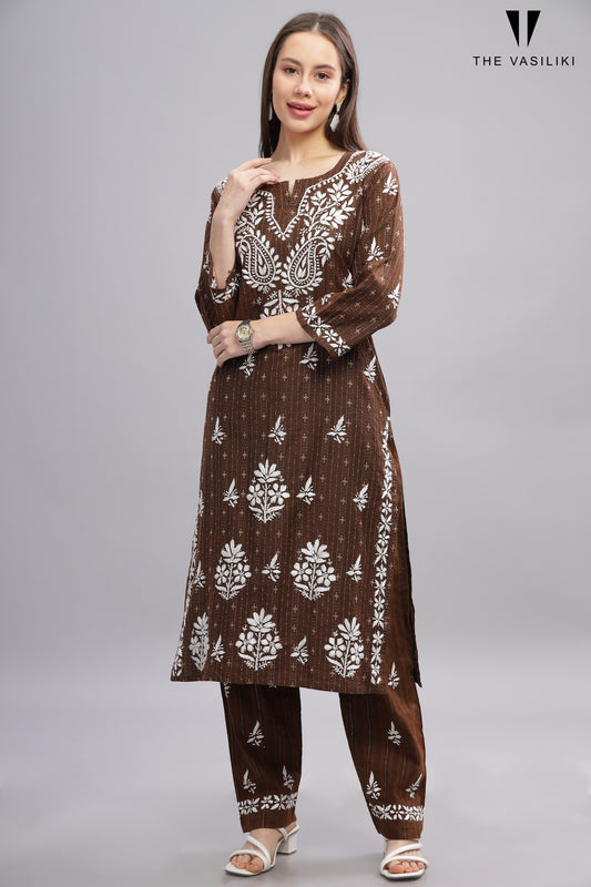 Brown Cotton Kurti Set with White Chikankari Embroidery