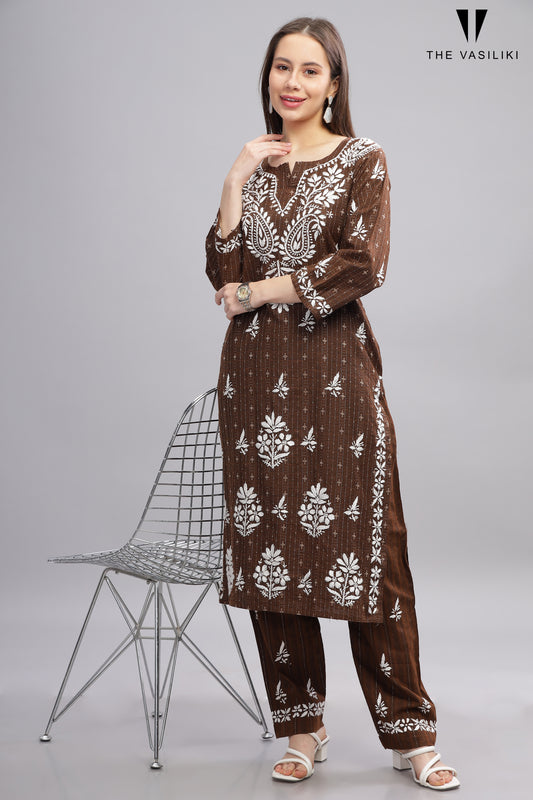 Brown Cotton Kurti Set with White Chikankari Embroidery