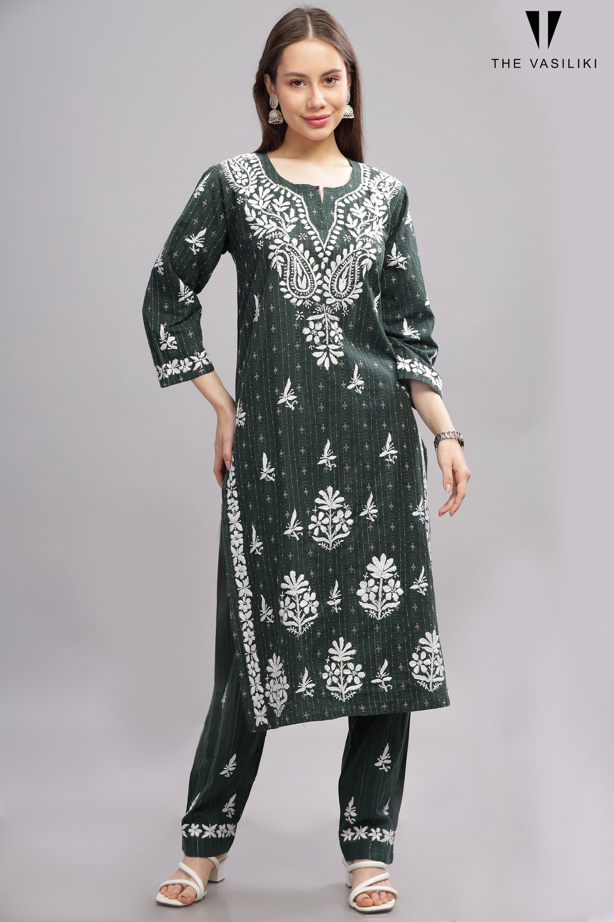 Green Cotton Kurti Set with White Chikankari Embroidery