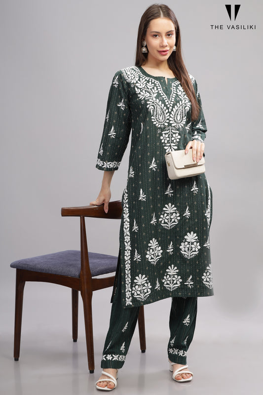 Green Cotton Kurti Set with White Chikankari Embroidery