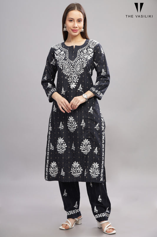 Black Cotton Kurti Set with White Chikankari Embroidery