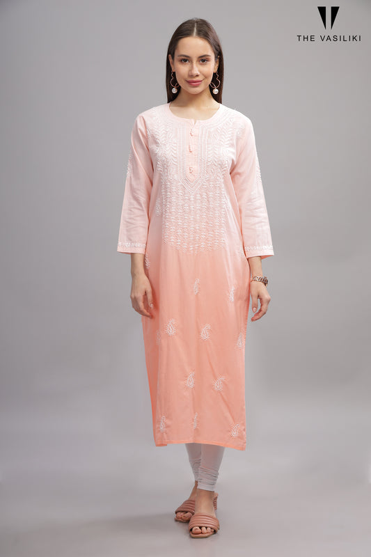 Peach Mulmul Cotton Chikankari Kurta