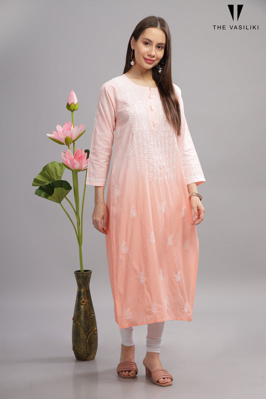 Peach Mulmul Cotton Chikankari Kurta