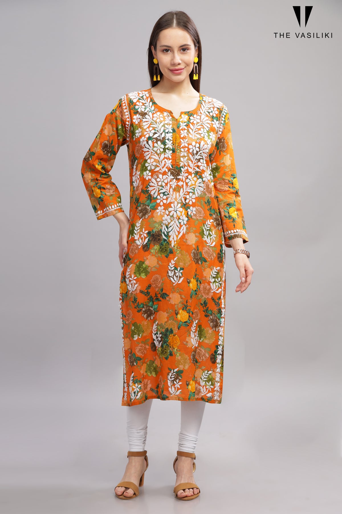 Flowery Orange Cotton Kurti with White Chikankari Embroidery