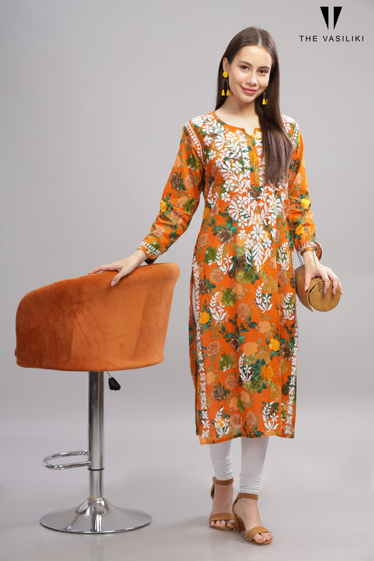 Flowery Orange Cotton Kurti with White Chikankari Embroidery