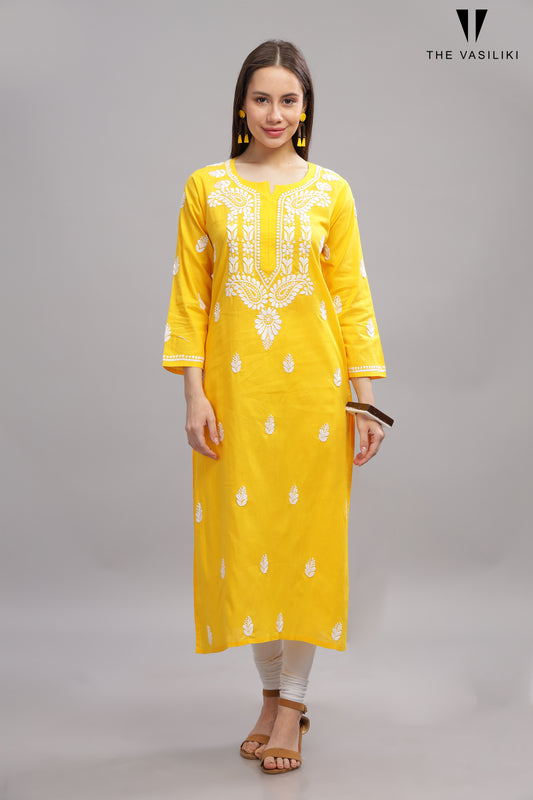 Yellow COTTON CHIKANKARI KURTA