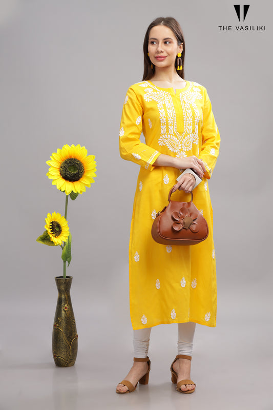 Yellow COTTON CHIKANKARI KURTA