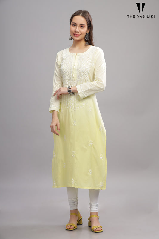 Yellow Mulmul Cotton Chikankari Kurta